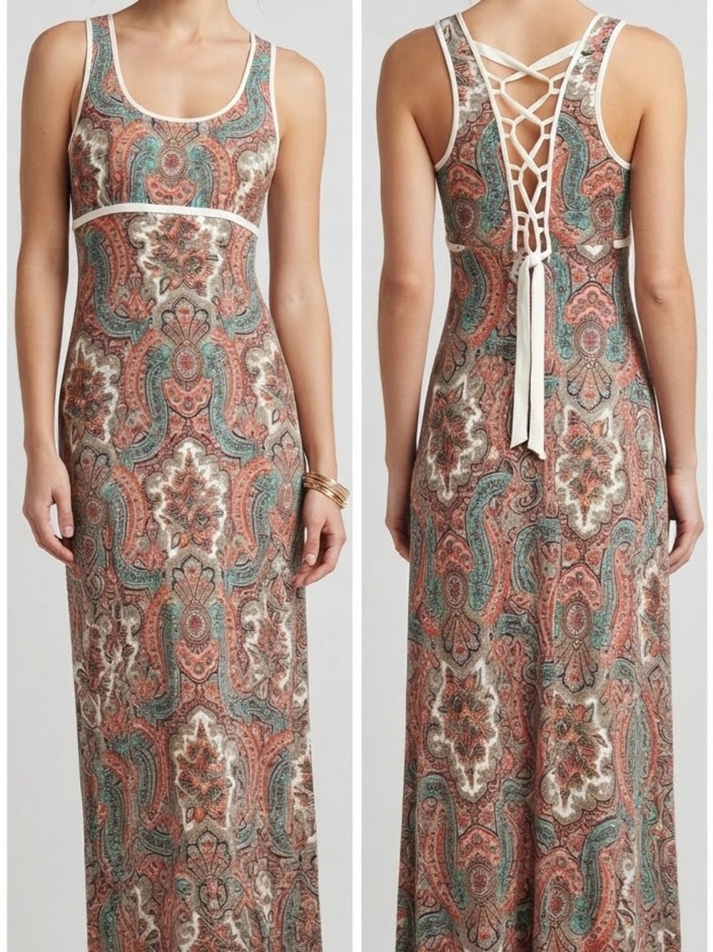 Paisley Maxi Dress with Lace-Up Back - Rust Teal